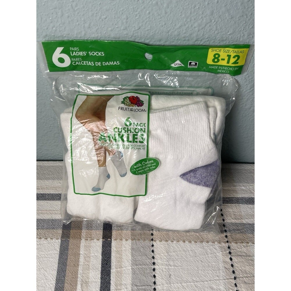 VTG Fruit Of The Loom Womens 6 Pack Cushion Ankle Socks NOS